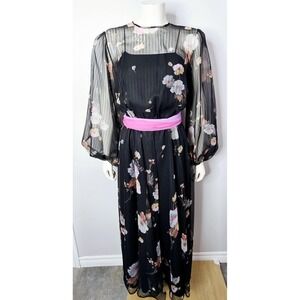 Vintage Black Floral Maxi Gown with Balloon Sleeves